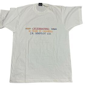 Vintage J.R. Simplot‎ Caldwell Idaho Large White Made In USA Single Stitch Shirt